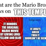 I did it! A Mario Bro View meme with Great Mission Luigi! | this template? it honors the original mario movie by giving luigi yellow and blue; if luigi's green then it shouldn't be seen | image tagged in great mission mario bros views on | made w/ Imgflip meme maker