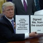 I hereby declare that ‘adulting’ shall be completed by simply thinking about doing the chores. Signed: Me, from the couch | I hereby declare that ‘adulting’ shall be completed by simply thinking about doing the chores. Signed: Me, from the couch | image tagged in memes,trump bill signing,couch potato,couch,adulting,thinking | made w/ Imgflip meme maker