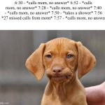 . | 6:30 - *calls mom, no answer* 6:52 - *calls mom, no answer* 7:28 - *calls mom, no answer* 7:40 - *calls mom, no answer* 7:50 - *takes a shower* 7:56 - *27 missed calls from mom* 7:57 - *calls mom, no answer* | image tagged in unamused dog,memes,funny,oh wow are you actually reading these tags | made w/ Imgflip meme maker