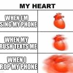 A title that is creative | When I’m using my phone; When my crush texts me; When I drop my phone | image tagged in my heart blank,remix | made w/ Imgflip meme maker
