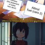 Gods and angels in Shinmai Maou no Keiyakusha Wiki! are malicious intentionally also happy 20th anniversary to cars | Holiness (the testament of sister new devil); Allinol fuel (cars 2) | image tagged in they're the same picture,anime,pixar,cars,the testament of sister new devil,shinmai maou | made w/ Imgflip meme maker