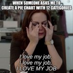 Emily I love my job | When someone asks me to create a pie chart with 12 categories; I love my job, 
I love my job, 
I LOVE MY JOB | image tagged in emily i love my job | made w/ Imgflip meme maker