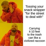 Drake Hotline Bling | Tossing your snack wrapper "for the street to deal with"; Carrying it 10 feet to the trash can like a civilized raccoon | image tagged in memes,drake hotline bling | made w/ Imgflip meme maker