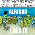 Fun fact: if you say any kind of curse word or spell nfsw correctly, the meme will be marked that for some stupid reason | "Hey why is this image marked nsf-" | image tagged in alright i get it,plankton,plankton maximum overdrive,spongebob,lol so funny,memes | made w/ Imgflip meme maker