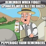 Hard to believe it's been nine years! | Remember when fidget spinners were all the buzz? Pepperidge Farm remembers | image tagged in memes,pepperidge farm remembers,fidget spinner,nostalgia,2017,wow | made w/ Imgflip meme maker