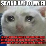 bye yall i had a good run..but it ends here goodbye every one ): | me saying bye to my fans. Hi, I'm...quitting Imgflip. I'm sorry I've been busy with school and stuff, and I can't keep up... I love everyone who likes my post. or anything..bye and ty...goodbye. | image tagged in crying cat,sad | made w/ Imgflip meme maker