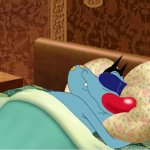 Oggy hugging a pillow (and purring) meme