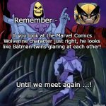 he man skeleton advices | Remember -; If you look at the Marvel Comics Wolverine character just right, he looks like Batman twins glaring at each other! Until we meet again ...! | image tagged in he man skeleton advices,youtube,marvel comics,wolverine,batman,dc comics | made w/ Imgflip meme maker