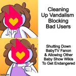 TheOdd1’sOut Meme About Fandom’s BS Moderation | Cleaning Up Vandalism 
Blocking Bad Users; Shutting Down BabyTV Fanon & Allowing Other Baby Show Wikis To Get Endangered | image tagged in theodd1sout's mom hotline bling | made w/ Imgflip meme maker