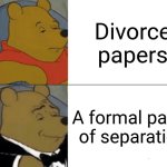 had to come up with smth | Divorce papers; A formal paper of separation | image tagged in memes,tuxedo winnie the pooh | made w/ Imgflip meme maker