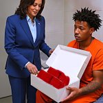 Kamala gives Karmelo her knee pads meme