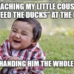 park ducks | teaching my little cousin to "feed the ducks" at the park; and handing him the whole loaf | image tagged in memes,evil toddler | made w/ Imgflip meme maker