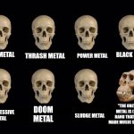 Metal | Thrash Metal; Black Metal; Power Metal; Heavy Metal; "The only real Metal is (insert band that hasn't made music since 1986); Doom Metal; Progressive Metal; Sludge Metal | image tagged in empty skulls of truth | made w/ Imgflip meme maker
