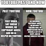 Youtube Past and Now | YouTube Past and Now; Past Youtube; Now Youtube; Post Video, say swear words, no copyright abuse, and no AI helper on YouTube; No swearing, copyright abuse, no dislikes, YouTube kids, no monetization for no reason, a lot of AI slops, and no helping smaller YouTubers | image tagged in giga chad vs virgin | made w/ Imgflip meme maker