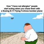 why do they start running for no reason | How "I have nut allergies" people start acting when you chase them with a Boeing B-17 Flying Fortress bomber plane: | image tagged in gifs,meme,memes,fun,tag | made w/ Imgflip video-to-gif maker