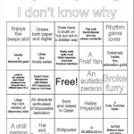 My bingo I guess | I don’t know why; Swaycheesy’s bingo; Does have a crush on Yuk but not in a childish way; Draws both paper and digital; Rhythm game lover; Enjoys the beeps alot; Play both ElectroMaster and osu stream constantly; Really really really loves British television more than American television; Extremely hates the animation guild; A Fnaf fan; Mostly a MechaNick geek; Likes the Noddy series; An autistic person; Loves AI (for chatbots) ((don’t throw tomatoes at me. Everyone has a different taste of AI.)); Broke furry; Doesn’t have Misophonia (still dislikes SFX misophonic kids on YouTube); Likes the USA version of discovery kids; An absolute enthusiast of impossible television; a Cute_Tummies raider; Hates PriyahGirl; Born and raised in Qatar; 11ai and Goreshit fan; HATES Mellonn-chan and Kapi chulo +GUMWIN; A chill person; Shitposter; a Multifandom | image tagged in blank bingo,uhh | made w/ Imgflip meme maker