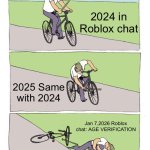 Chat look like | 2024 in Roblox chat; 2025 Same with 2024; Jan 7,2026 Roblox chat: AGE VERIFICATION | image tagged in memes,bike fall | made w/ Imgflip meme maker