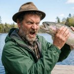 Fisherman man staring a fish in the face aggressively yelling