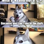 Title¹¹² | Why is dark spelled with a 'K' and not a 'C'? Because you can't see in the dark | image tagged in memes,bad pun dog,funny,meme,funny memes,funny meme | made w/ Imgflip meme maker