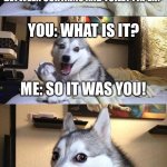 Bad Pun Dog Meme | me: what is the difference between curtains and toilet paper? you: what is it? me: so it was you! | image tagged in memes,bad pun dog | made w/ Imgflip meme maker