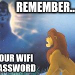Lion King Mufasa in the sky | REMEMBER... YOUR WIFI PASSWORD | image tagged in lion king mufasa in the sky | made w/ Imgflip meme maker