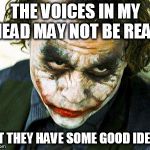 joker | THE VOICES IN MY HEAD MAY NOT BE REAL BUT THEY HAVE SOME GOOD IDEAS! | image tagged in joker | made w/ Imgflip meme maker