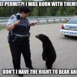 Libertarian Bear. | WHAT PERMIT?! I WAS BORN WITH THEM! DON'T I HAVE THE RIGHT TO BEAR ARMS?! | image tagged in canadian cop,guns,bears,cops,weapons | made w/ Imgflip meme maker