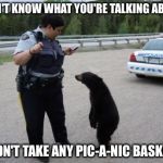 Canadian Cop | I DON'T KNOW WHAT YOU'RE TALKING ABOUT! I DIDN'T TAKE ANY PIC-A-NIC BASKETS! | image tagged in canadian cop | made w/ Imgflip meme maker
