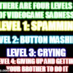 black | THERE ARE FOUR LEVELS OF VIDEOGAME SADNESS LEVEL 3: CRYING LEVEL 2: BUTTON MASHING LEVEL 1: SPAMMING LEVEL 4: GIVING UP AND GETTING YOUR BRO | image tagged in black | made w/ Imgflip meme maker