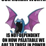 Equality Golbat | OUR HUMAN WORTH IS NOT DEPENDENT ON HOW PALATABLE WE ARE TO THOSE IN POWER | image tagged in equality golbat | made w/ Imgflip meme maker