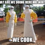 want some ebola? or something else? | WHAT ARE WE DOING HERE MR. WHITE? WE COOK | image tagged in want some ebola,memes,breaking bad,walter white | made w/ Imgflip meme maker