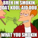 Pothead Fry | BREH IM SMOKIN DAT KOOL-AID DOU WHAT YOU SMOKIN | image tagged in memes,pothead fry | made w/ Imgflip meme maker