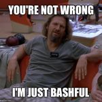 The Dude | YOU'RE NOT WRONG I'M JUST BASHFUL | image tagged in the dude | made w/ Imgflip meme maker