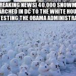 Million Snowman March | [BREAKING NEWS] 40,000 SNOWMEN MARCHED IN DC TO THE WHITE HOUSE PROTESTING THE OBAMA ADMINISTRATION | image tagged in million snowman march | made w/ Imgflip meme maker