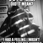 Noir Dog | "B-A-T-H." WHAT DID IT MEAN? I HAD A FEELING I WASN'T GOING TO LIKE THE ANSWER. | image tagged in noir dog | made w/ Imgflip meme maker