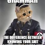 Grammar Nazi Cat | GRAMMAR THE DIFFERENCE BETWEEN KNOWING YOUR SHIT AND KNOWING YOU'RE SHIT | image tagged in grammar nazi cat | made w/ Imgflip meme maker