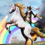 cat rinding magic fire breathing unicorn in front of a rainbow