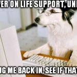 Dog computer | IF I'M EVER ON LIFE SUPPORT, UNPLUG ME THEN PLUG ME BACK IN, SEE IF THAT WORKS | image tagged in dog computer,memes | made w/ Imgflip meme maker