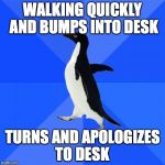 Socially Awkward Penguin | WALKING QUICKLY AND BUMPS INTO DESK TURNS AND APOLOGIZES TO DESK | image tagged in memes,socially awkward penguin | made w/ Imgflip meme maker