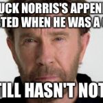 chuck norris | CHUCK NORRIS'S APPENDIX BURSTED WHEN HE WAS A CHILD HE STILL HASN'T NOTICED | image tagged in chuck norris | made w/ Imgflip meme maker