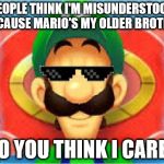 Luigi Does Not Care | PEOPLE THINK I'M MISUNDERSTOOD BECAUSE MARIO'S MY OLDER BROTHER DO YOU THINK I CARE? | image tagged in luigi does not care | made w/ Imgflip meme maker