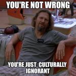The Dude | YOU'RE NOT WRONG YOU'RE JUST 
CULTURALLY IGNORANT | image tagged in the dude | made w/ Imgflip meme maker