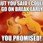 Lion king | BUT YOU SAID I COULD GO ON BREAK EARLY YOU PROMISED! | image tagged in lion king | made w/ Imgflip meme maker