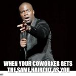 kevin hart | WHEN YOUR COWORKER GETS THE SAME HAIRCUT AS YOU | image tagged in kevin hart | made w/ Imgflip meme maker