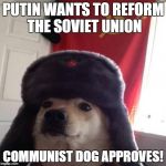 Communist dog | PUTIN WANTS TO REFORM THE SOVIET UNION COMMUNIST DOG APPROVES! | image tagged in communist dog | made w/ Imgflip meme maker
