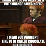 James Holmes | I MEAN WHY DO WE CALL PEOPLE WITH ORANGE HAIR GINGER? I MEAN YOU WOULDN'T LIKE TO BE CALLED CHOCOLATE OR LIQUORICE... | image tagged in james holmes | made w/ Imgflip meme maker