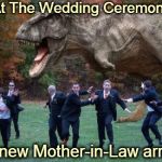 angry dinosaur | The new Mother-in-Law arrives At The Wedding Ceremony | image tagged in angry dinosaur | made w/ Imgflip meme maker