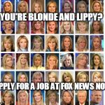 FOX BLONDES | YOU'RE BLONDE AND LIPPY? APPLY FOR A JOB AT FOX NEWS NOW | image tagged in fox blondes | made w/ Imgflip meme maker