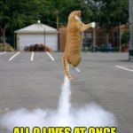 Rocket Cat Power-Up, Level 3 | WHEN A CAT USES... ALL 9 LIVES AT ONCE. | image tagged in rocket cat,video games,cats,power | made w/ Imgflip meme maker