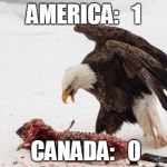 eagle vs beaver | AMERICA:   1 CANADA:   0 | image tagged in bald eagle vs beaver | made w/ Imgflip meme maker